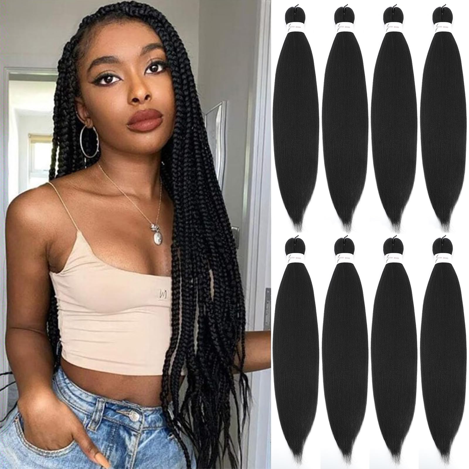 Amazon.com : Jet Black Braiding Hair Pre Stretched, 26 Inch 8 Pack